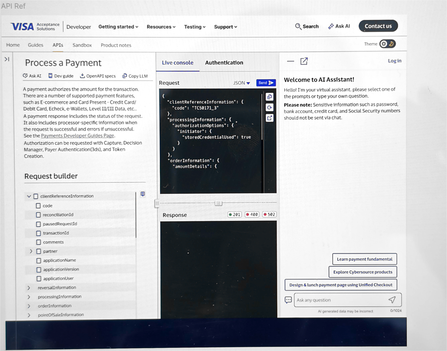 An API reference page for processing a payment. The left column holds documentation and
              a request builder with a nested field tree. The middle column holds a live console with a
              JSON request and a response area showing status codes. The assistant panel occupies the
              right column.
