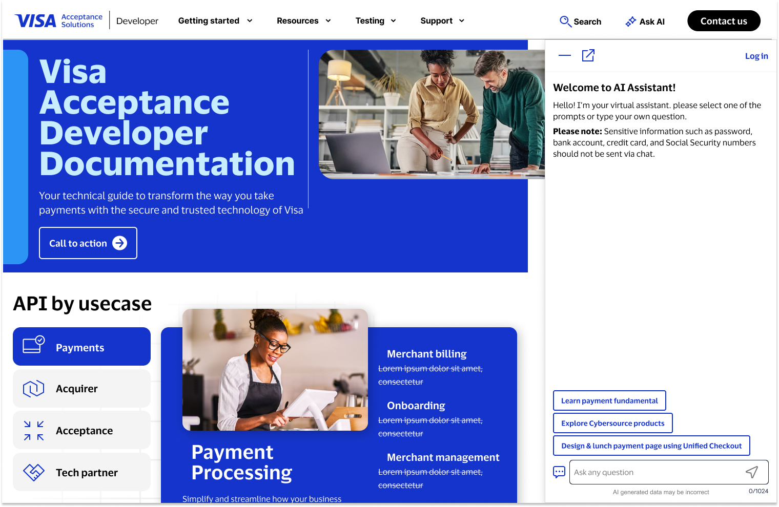 The Visa Acceptance Solutions developer documentation site with the same assistant panel
              docked at the right. The page styling, navigation and colors differ from the CyberSource
              version while the panel's structure, copy and controls are identical.