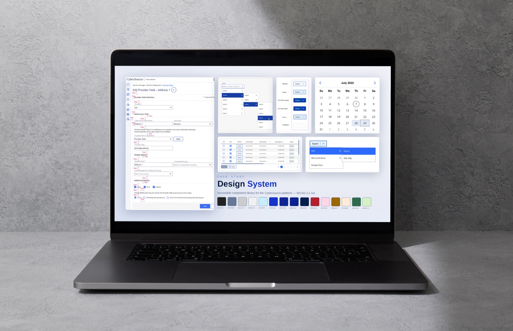 A laptop showing the CyberSource design system: an annotated form beside menus, a date picker, a table and the color palette.