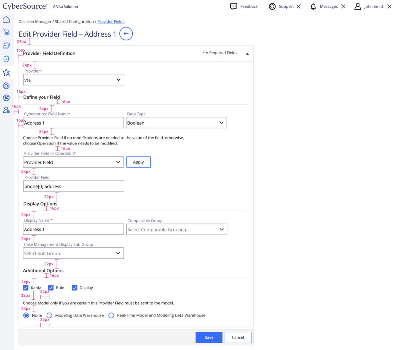 A product screen annotated with measurements. Pink markers label the vertical spacing
              between every element — 16, 24 and 32 pixels — from the page title down through form
              sections, field groups, checkboxes, radio buttons and the footer action bar.