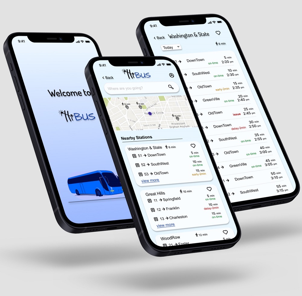 Three phone screens from the HiBus app: a welcome screen, a map with nearby stations, and a live schedule listing arrival times and delays.