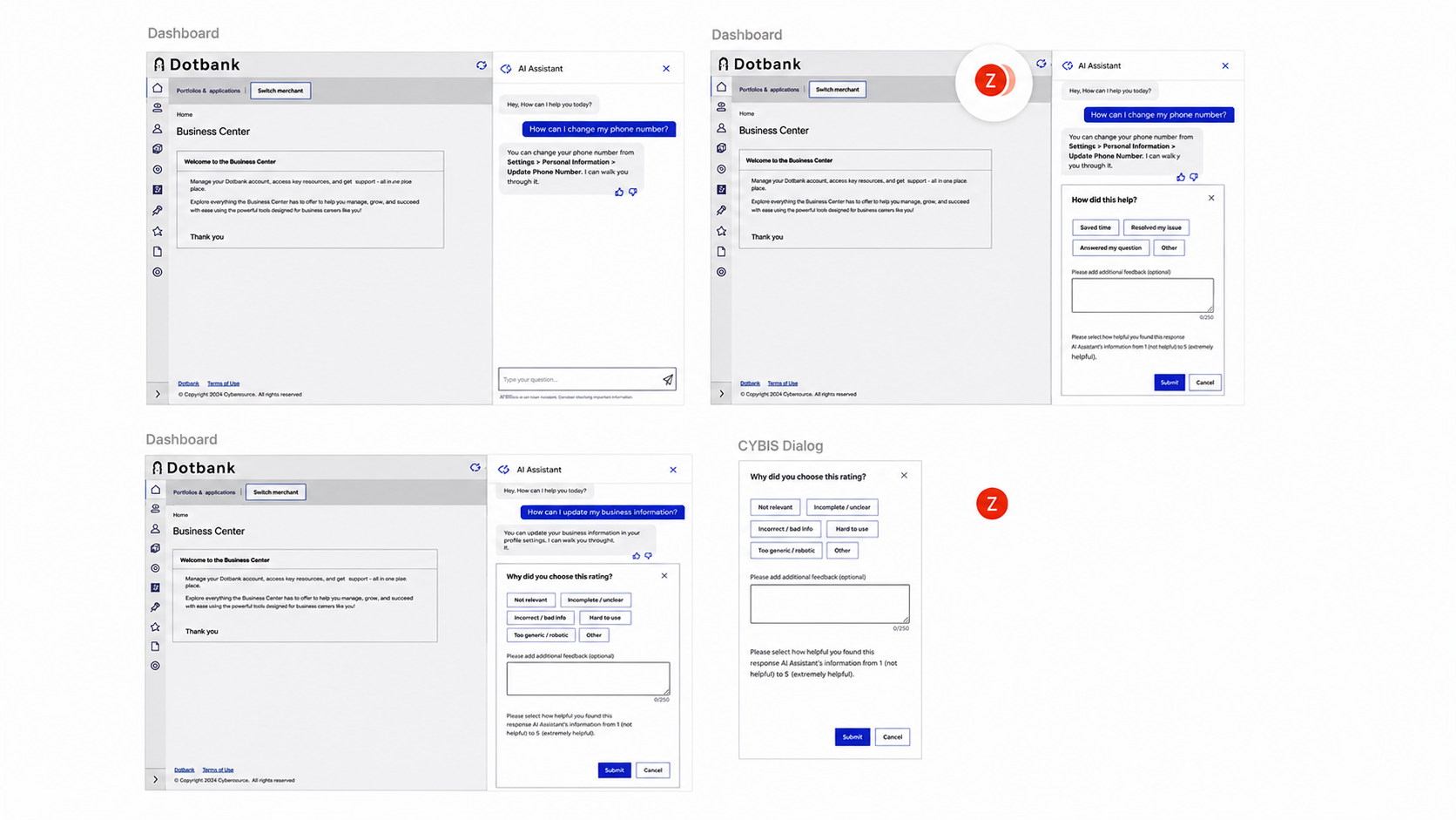 Four design frames showing the feedback flow in the Dotbank dashboard. First, the
              assistant answers a question with thumbs up and thumbs down beneath it. Thumbs up opens a
              panel asking how did this help, with options for saved time, resolved my issue, answered my
              question and other. Thumbs down opens a panel asking why did you choose this rating, with
              options for not relevant, incomplete or unclear, incorrect or bad info, hard to use, too
              generic or robotic, and other. Both panels add an optional comment box limited to 250
              characters and a 1 to 5 helpfulness rating. The fourth frame shows the same dialog in the
              CyberSource style.