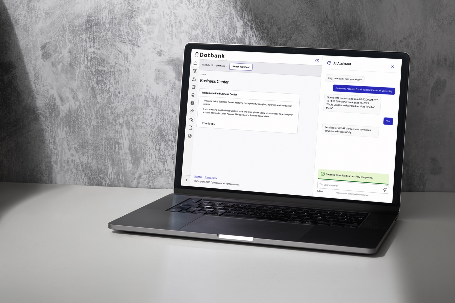 A laptop showing the Leo assistant open beside the Business Center portal, confirming a receipts download.