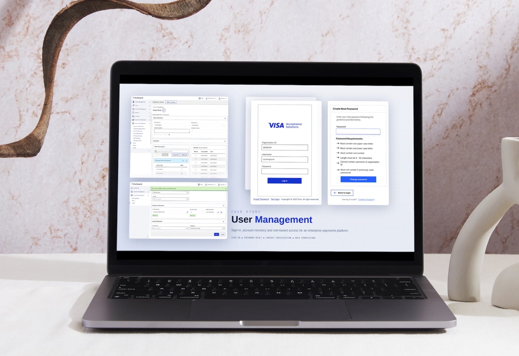 A laptop showing the user management work: the Visa sign-in screen, a create-new-password step, and role and recovery settings behind them.